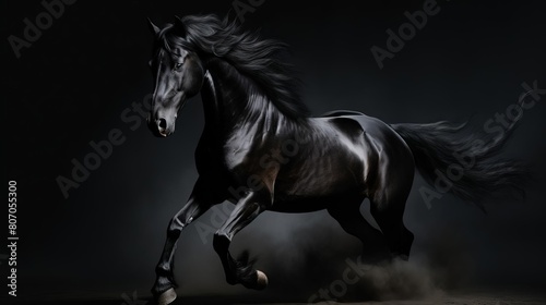 A black horse with long flowing mane and tail is running at full gallop in a dark background.