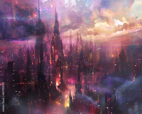 Bring to life a futuristic cityscape where love blooms amidst chaos, blending metallic textures with soft, ethereal glows, creating a contrast that symbolizes hope in a stark reality