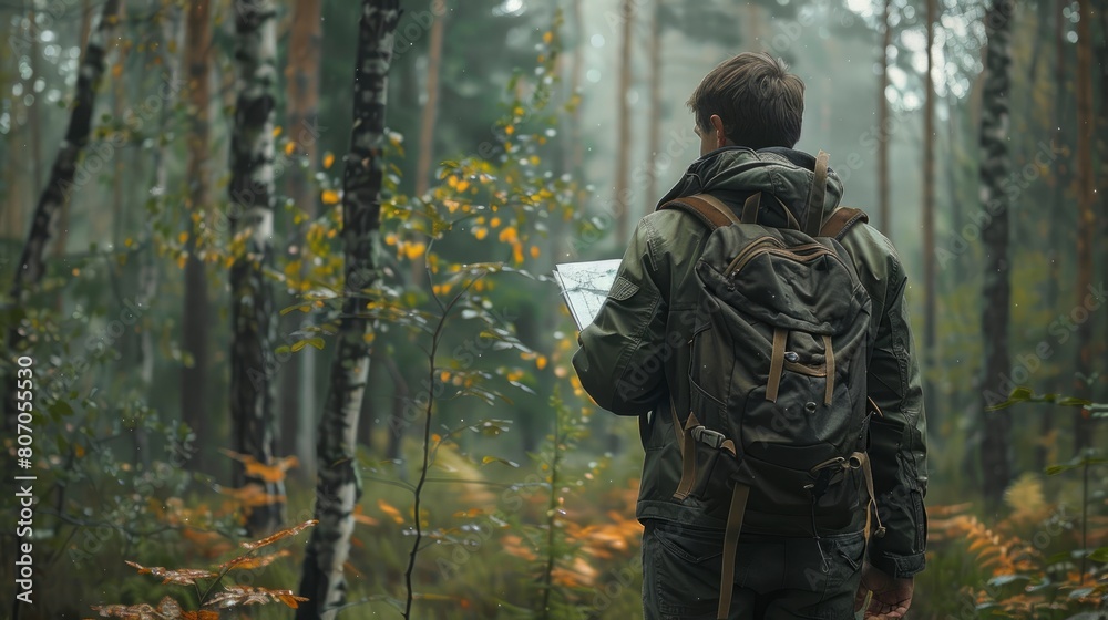 An Ecologist On Fieldwork Examines Trees In Their Natural Condition In The Forest, Background HD For Designer        