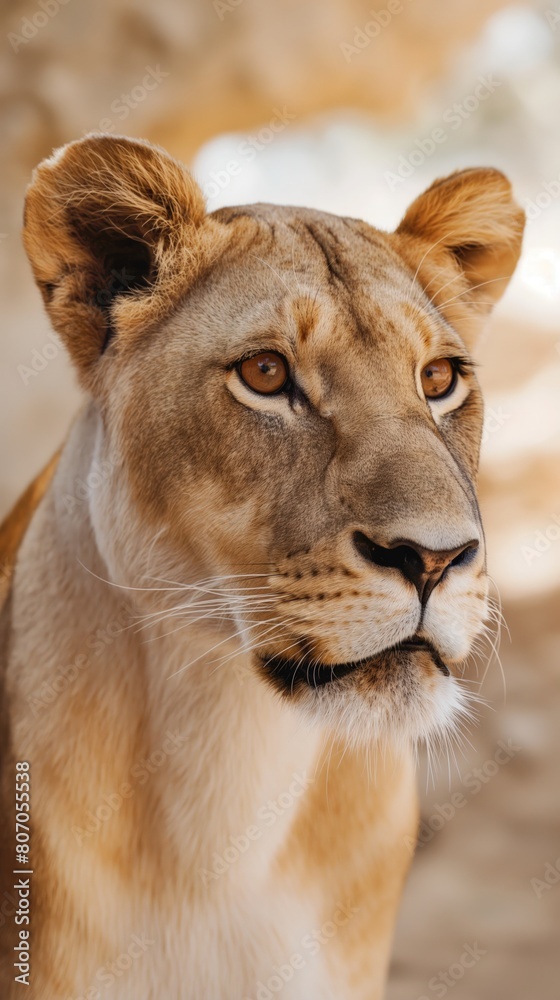 A close view of a lion making eye contact with something off-camera