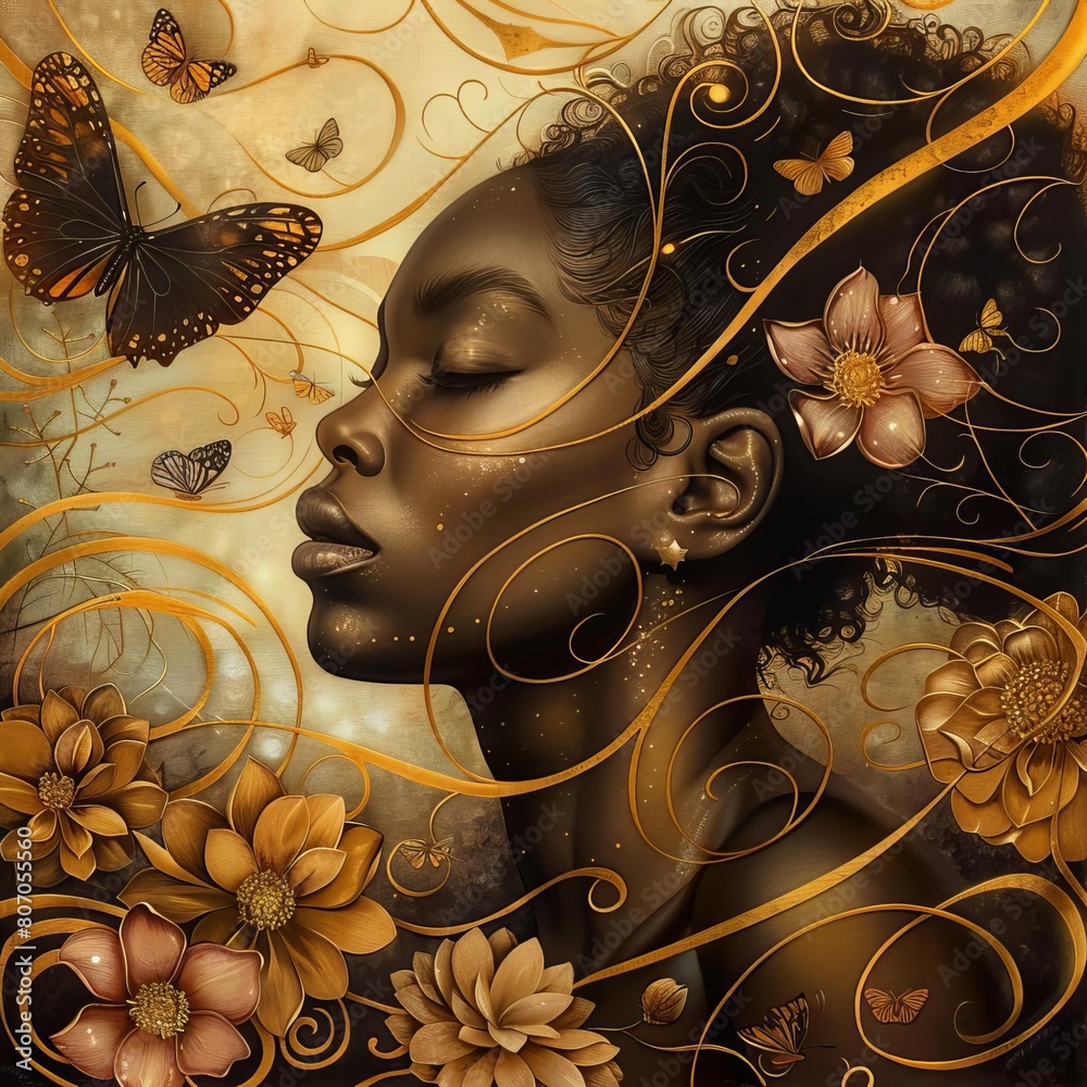 An ethereal portrait of a young black woman, her eyes closed in ...