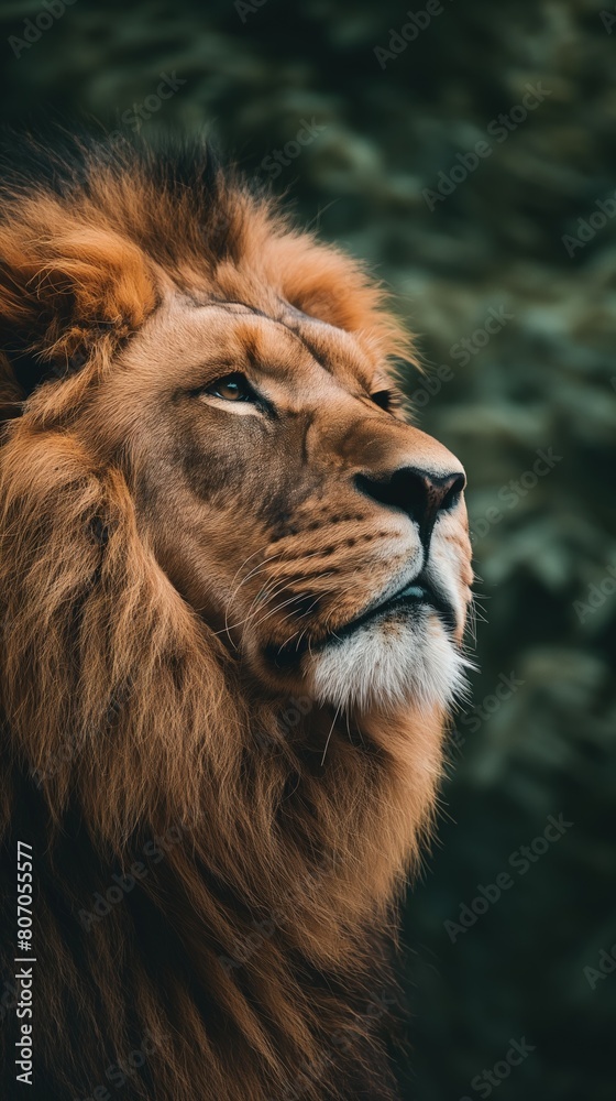 Fototapeta premium A lion's face close-up with background trees