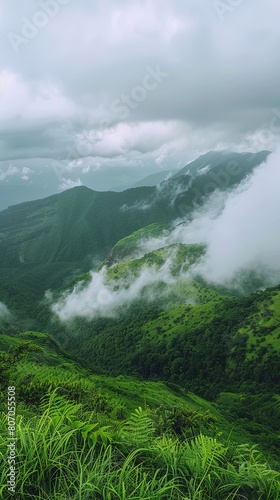 Green mountain landscape in the clouds on an overcast day