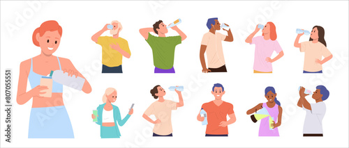 Different people cartoon characters drinking various beverage set isolated on white background photo