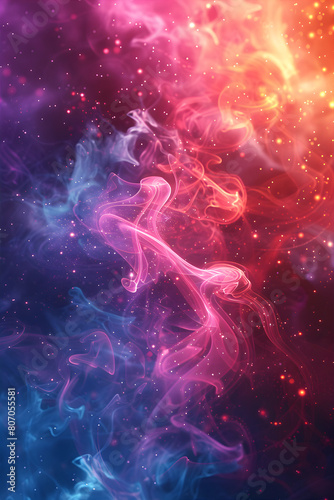 Neon smoke background with shinny floating particles. Smoke waves with soft bokeh effect. Vibrant abstract background.