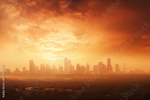 apocalyptic cityscape. The sky is orange, the buildings are in ruins.