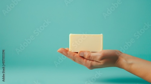 Hand showcasing a handcrafted soap, solid cyan pastel backdrop, studio light, simple ad focus, photo