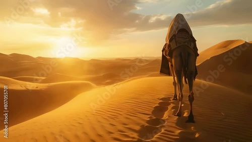 lone camel in traditional attire walks through desert dunes at sunset, landscape concept, copy space