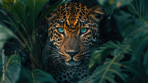 A leopard peeks out from the shadows of the dense forest foliage