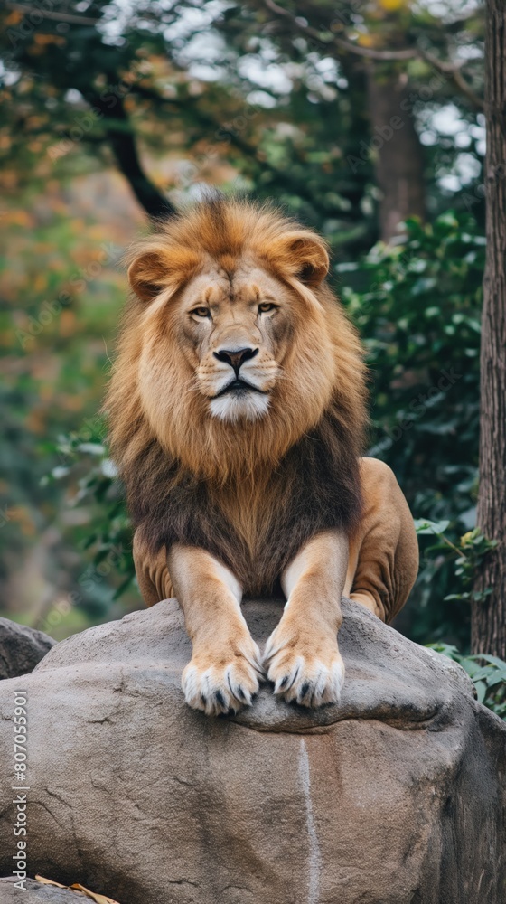 A lion sitting majestically on a massive rock in the zoo A lion sitting majestically on a massive rock in the zoo