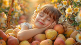 adorable girl snuggling a basket of fresh pears pink.