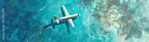 Illustrate an overhead shot of a hydrogen fuel cell plane flying over a crystal-clear ocean, combining crisp digital lines with a touch of watercolor for a unique, eco-friendly journey vibe