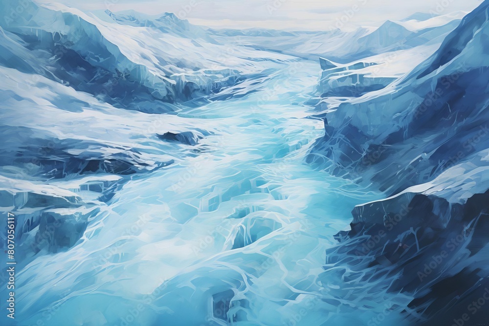 Frozen river running through a snowy valley between tall icy mountains. Frozen river running through a snowy valley between tall icy mountains.