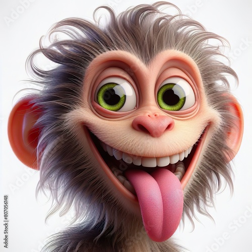 a photorealistic whimsical cartoon monkey with a mischievous grin. The monkey has green eyes and long fur