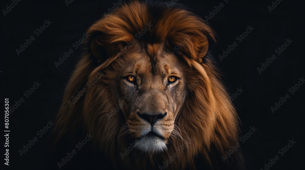 A detailed view of a lion in close proximity against a dark backdrop