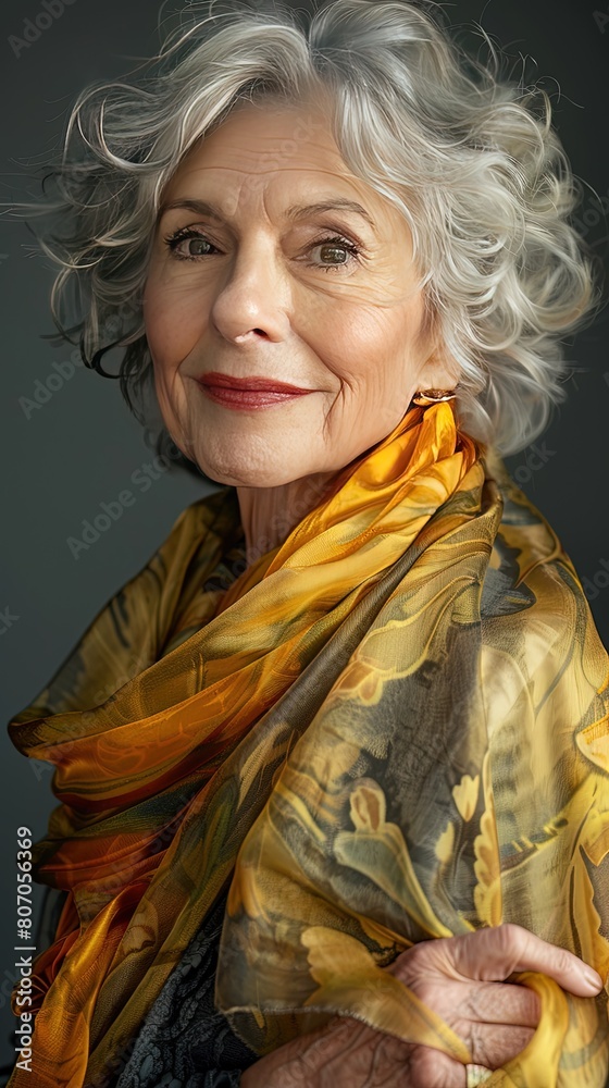 Fototapeta premium Elegant elderly woman with flowing scarf on gray background