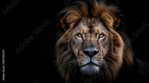 A close-up view of a lions face against a black backdrop