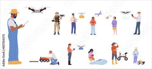 Diverse people cartoon characters of different job, hobby occupation using drone isolated big set