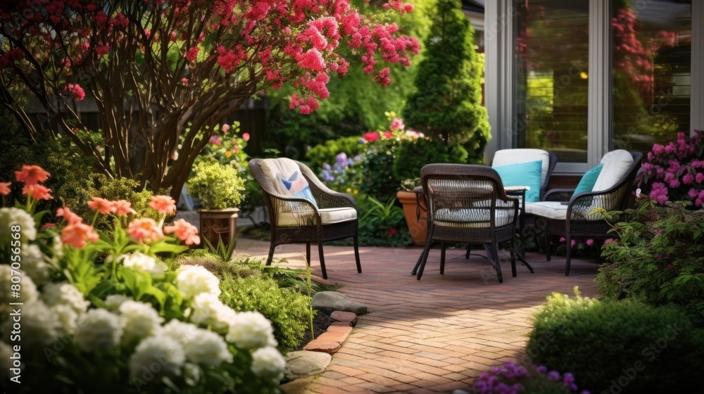 Obraz premium spring backyard filled with blooming flowers, 