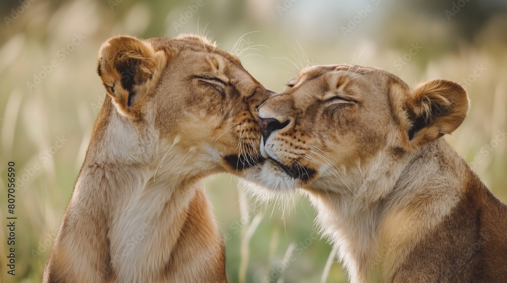 A couple of lions standing side by side in the savannah A couple of lions standing side by side in the savannah