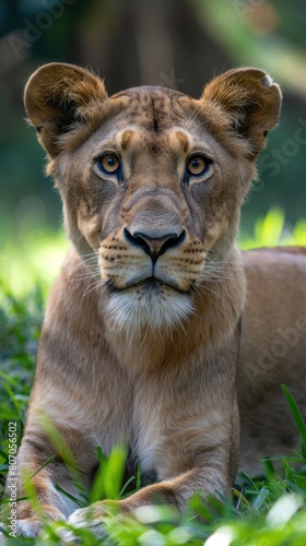 Close-up of a lion relaxing in the grass in the zoo