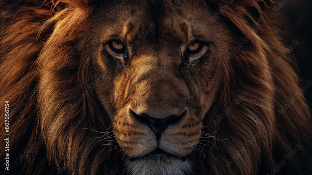 Fototapeta premium A detailed view of a lion's face, showcasing its features up close