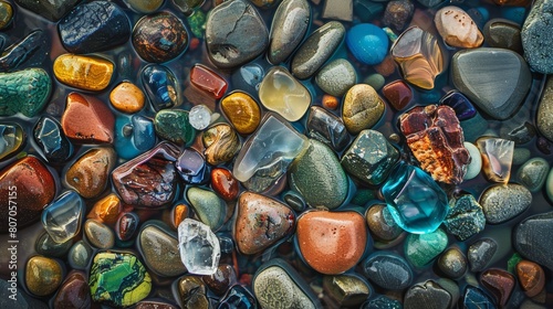 Gently lit portrait from above, featuring an assortment of colorful sea pebbles and glass on the shore, highlighting the natural diversity of beach treasures