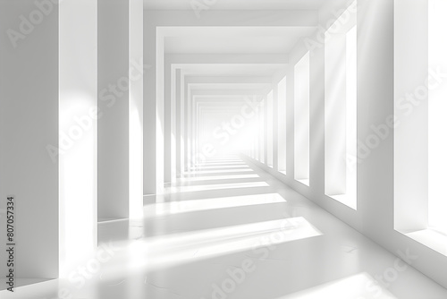 White abstract tunnel. White building space corridor. Modern minimalistic white corridor. 