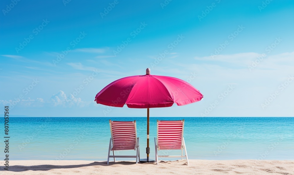 Two pink sun loungers under a pink umbrella on the beach