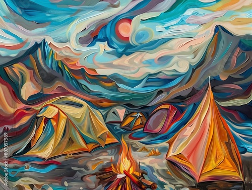 Imagine a traditional oil painting of a surrealist campsite from a birds-eye view, echoing Dalis dreamlike landscapes Capture surreal tent shapes, warped campfire, and melting objects in vivid, expres photo