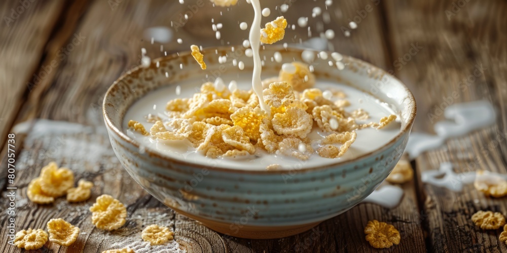 bowl on a wooden table. There is already some milk and cornflakes in the bowl bowl on a wooden table. There is already some milk and cornflakes in the bowl