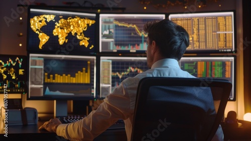 A businessman analyzing gold market data on a desktop computer with multiple monitors displaying charts and graphs, symbolizing investment expertise.