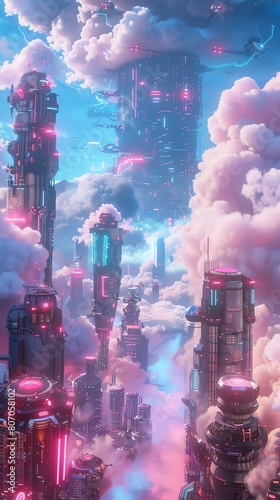 Craft a surreal scene of sleek  futuristic floating cities amidst cotton candy clouds with a touch of dreamy wanderlust Combine vibrant digital CG 3D techniques for a mesmerizing visual