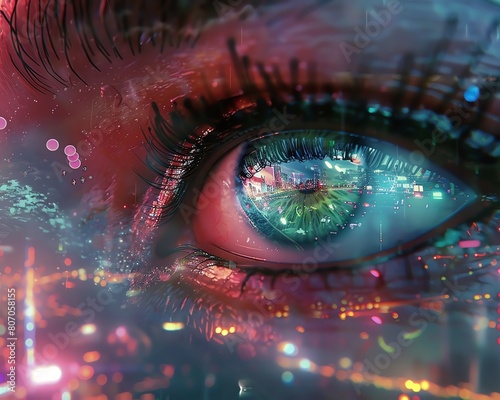 Capture a surreal  close-up shot of a travelers eyes reflecting dreamy landscapes and futuristic cityscapes  blending utopian ideals Use vibrant colors and intricate digital CG 3D techniques to bring 