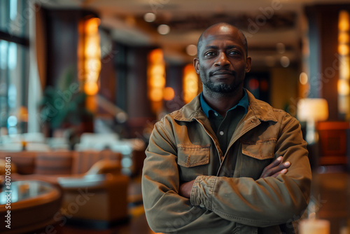 Mature African American man in hotel lobby, guest waiting for room assignment, traveler experiencing resort hospitality, arrival for business meeting in upscale setting. © Pavel