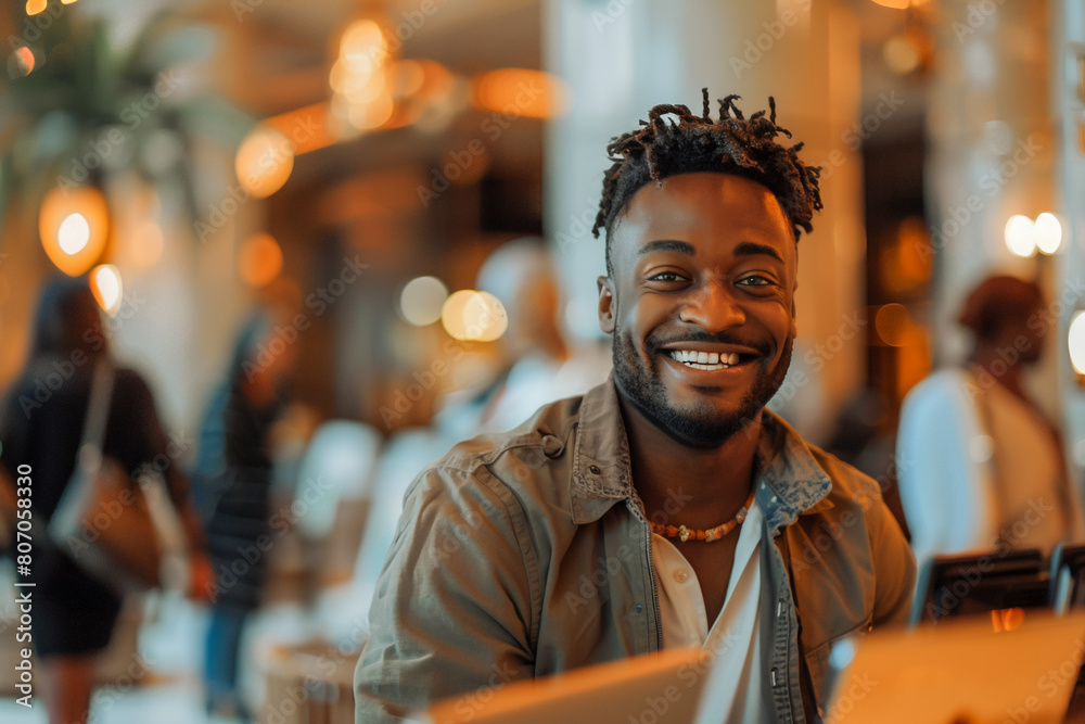 African American man in hotel lobby, seeking assistance from guest services, customer support, concierge desk. African American man in hotel lobby, seeking assistance from guest services, customer support, concierge desk.