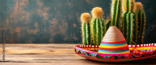 Cinco de Mayo Celebration: Mexican Cactus and Party Sombrero Hat Adorn a Wooden Table in Festive Background.