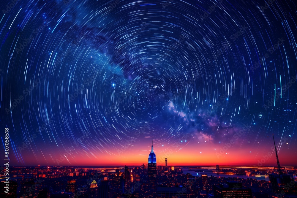 Fototapeta premium Long exposure of star trails over New York City skyline