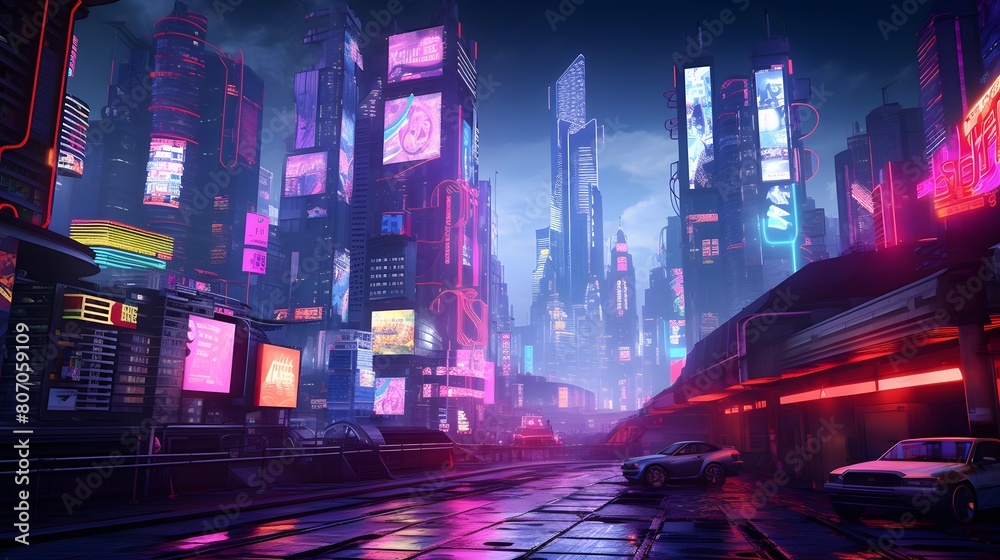 Night view of the city with neon lights. 3D Rendering