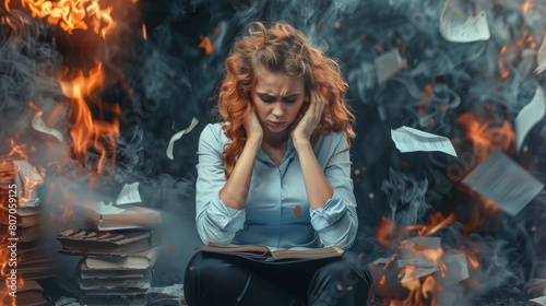 Conceptual Image Of Burnout Syndrome: A Businesswoman Feels Uncomfortable And Overwhelmed By Work, Background HD For Designer 