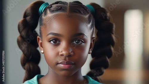 young African American girl with her hair styled in braids, accented with cute blue hair bows. perfect for educational content, children’s advertising or any project emphasizing youth and tranquility photo