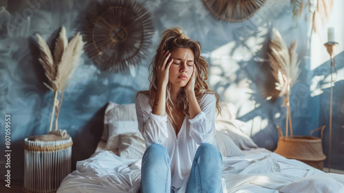 young woman sitting bedroom with morning headache