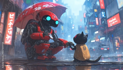A cute robot in the rain on a city street with red and yellow colors
