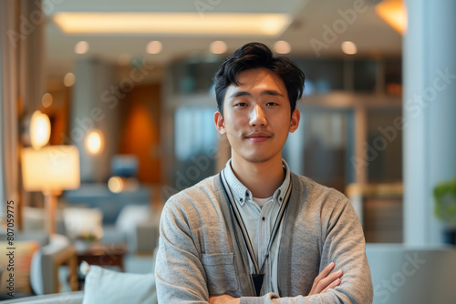 asian man in hotel lobby, businessman waits for colleagues, business trip preparation