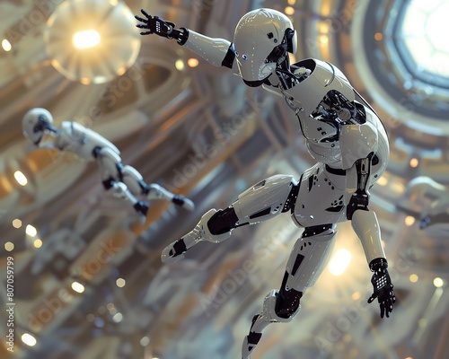 Capture the dazzling elegance of a high-angle view robotic ballet in a digital 3D masterpiece Illustrate sleek, futuristic robots performing fluid, precise movements against a dynamic backdrop, blendi photo