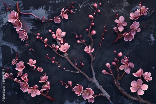 plum flowers from different angles, dark background