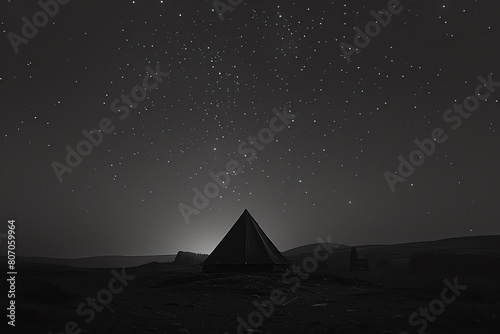 Capture the essence of wilderness camping with a minimalist design showcasing a rear view of a solitary tent under a starry sky  using unexpected camera angles to evoke a sense of wonder