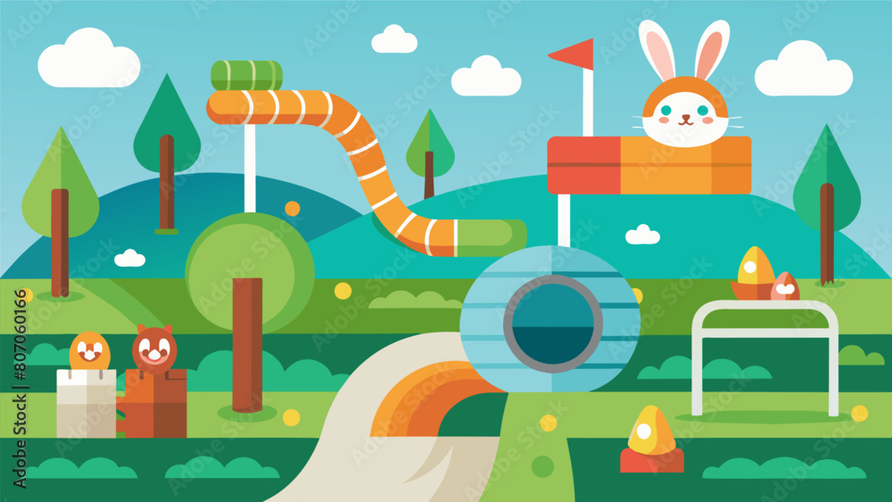 Naklejka premium A virtual playground for your rabbit complete with tunnels ramps and obstacles to explore.. Vector illustration