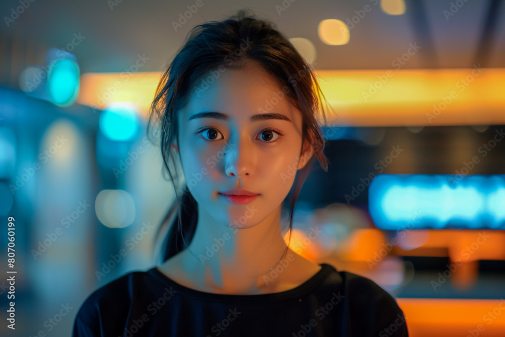 Obraz premium asian woman in hotel lobby, tourist gathering information from front desk, traveler planning vacation activities, guest in resort hallway