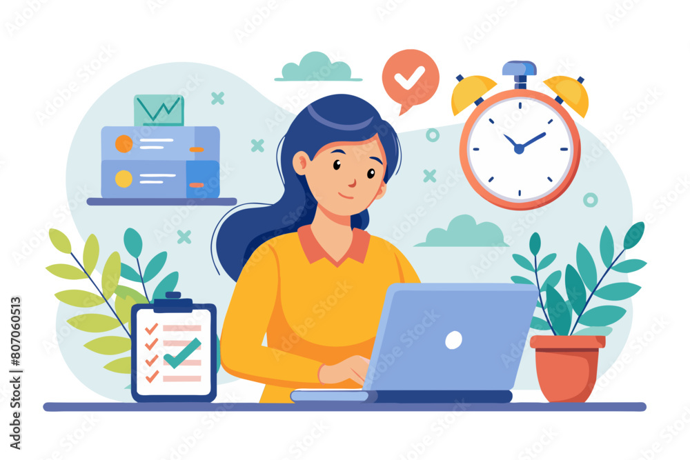 Productivity project management or efficiency to finish work and reach business goal time management concept productive business woman working with computer laptop on checklist and alarm clock modern Productivity project management or efficiency to finish work and reach business goal time management concept productive business woman working with computer laptop on checklist and alarm clock modern
